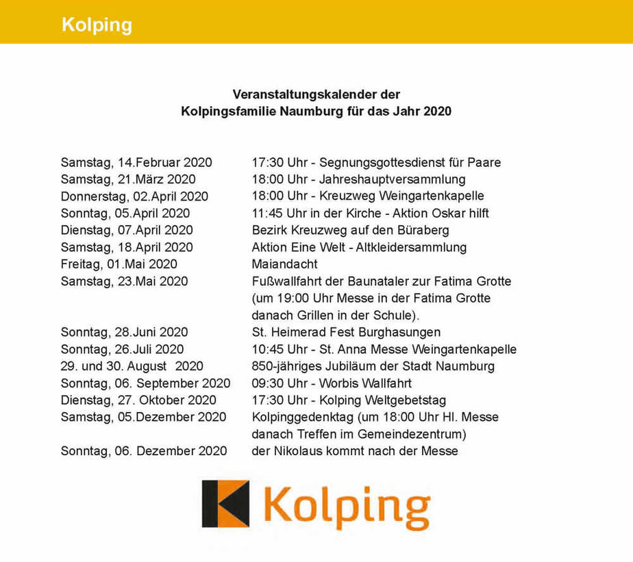 Veranstaltungskalender der Kolpingfamilie Naumburg für das Jahr 2019